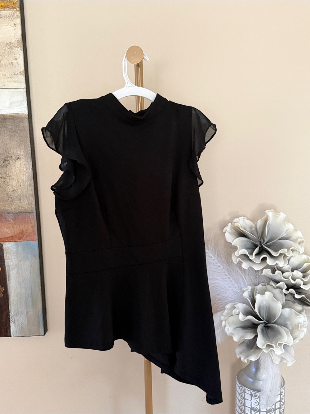 Elegant Black Ruffle-Sleeve Asymmetric Blouse